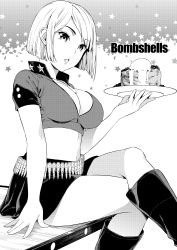 Rule 34 | 1girl, absurdres, ammunition, ammunition belt, bandolier, boots, breasts, bullet, cleavage, collarbone, crop top, crossed legs, dog tags, english text, eyelashes, fingernails, food, greyscale, highres, holding, holding plate, knee boots, large breasts, long fingernails, looking at viewer, midriff, miniskirt, monochrome, navel, non-web source, original, parted lips, plate, short sleeves, sitting, sitting on table, skin tight, skirt, smile, solo, sugaishi