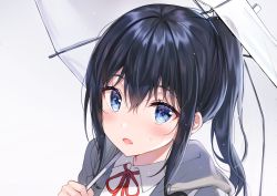 Rule 34 | 1girl, bad id, bad twitter id, black hair, black ribbon, blue eyes, blush, character request, copyright request, grey jacket, hair between eyes, highres, holding, holding umbrella, jacket, long hair, open mouth, ponytail, portrait, ribbon, see-through, simple background, solo, tokkyu, umbrella, white background