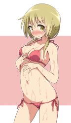 Rule 34 | &gt;:(, 1girl, beige background, bikini, blonde hair, blush, breasts, cleavage, closed mouth, collarbone, frown, full-face blush, halterneck, hand on own stomach, highres, ichii yui, long hair, looking at viewer, lotion, low twintails, mel (melty pot), navel, red bikini, side-tie bikini bottom, simple background, solo, string bikini, swimsuit, tareme, thighs, twintails, two-tone background, v-shaped eyebrows, wavy mouth, white background, yellow eyes, yuyushiki