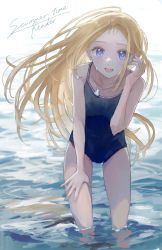 Rule 34 | 1girl, absurdres, ahoge, blonde hair, blue one-piece swimsuit, commentary request, competition school swimsuit, highres, jewelry, kofune ushio, kumagai yuka, leaning forward, long hair, looking at viewer, necklace, one-piece swimsuit, school swimsuit, simple background, soaking feet, solo, summertime render, swimsuit, wading, water, white background