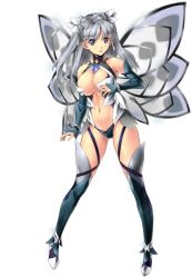 Rule 34 | 1girl, bare shoulders, breasts, cyril (sennen sensou aigis), elbow gloves, fairy, fairy wings, female focus, full body, gloves, grey hair, large breasts, official art, sennen sensou aigis, simple background, solo, thighhighs, transparent background, twintails, uchiu kazuma, white background, wings