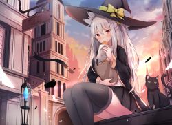 Rule 34 | 1girl, bag, black cat, black thighhighs, blush, cat, city, food, grey hair, hat, highres, holding, holding food, long hair, looking at viewer, original, outdoors, paper bag, pleated skirt, red eyes, sitting, skirt, solo, sunset, taiyaki, thighhighs, touhourh, wagashi, witch hat