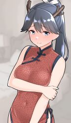 Rule 34 | 1girl, bare shoulders, black hair, blue eyes, blurry, blurry background, blush, breasts, china dress, chinese clothes, cleavage, closed mouth, commentary request, cowboy shot, dress, fake horns, full-face blush, furaggu (frag 0416), hair between eyes, highres, horns, houshou (kancolle), houshou kai ni (kancolle), kantai collection, long hair, looking at viewer, one-hour drawing challenge, pelvic curtain, ponytail, red dress, sleeveless, sleeveless dress, small breasts, smile, solo