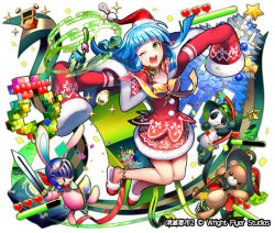 Rule 34 | ;d, blue hair, bow (weapon), cellphone, company name, green eyes, green hat, hat, heart, helmet, key, looking at viewer, official art, one eye closed, open mouth, ornament, phone, red hat, santa hat, shoumetsu toshi 2, slippers, smile, stuffed animal, stuffed rabbit, stuffed toy, sweater, sword, teddy bear, tenryou sena, treasure chest, very long sleeves, weapon, white background, yellow legwear
