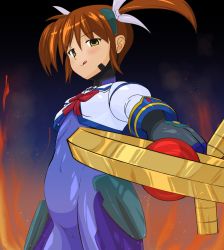 Rule 34 | 1girl, black gloves, blush, breasts, brown eyes, brown hair, cameltoe, closed mouth, covered navel, darken (darken13), fire, from below, gloves, hair ornament, hair ribbon, looking at viewer, looking down, lyrical nanoha, magical girl, mahou shoujo lyrical nanoha, mahou shoujo lyrical nanoha a&#039;s, numbers&#039; uniform, pregnant, ribbon, shiny clothes, shiny skin, short hair, short twintails, skin tight, small breasts, smile, solo, standing, takamachi nanoha, tongue, tongue out, twintails