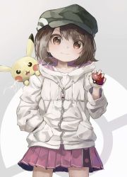 Rule 34 | 1girl, absurdres, black headwear, blush, brown eyes, brown hair, cabbie hat, closed mouth, commentary request, creatures (company), drawstring, electricity, game freak, gen 1 pokemon, gloria (pokemon), hand in pocket, hand up, hat, highres, holding, holding poke ball, hood, hood down, hooded jacket, jacket, long sleeves, looking at viewer, nintendo, on shoulder, pikachu, pleated skirt, poke ball, poke ball (basic), pokemon, pokemon (creature), pokemon swsh, red skirt, skirt, smile, utatanecocoa, v-shaped eyebrows, white jacket