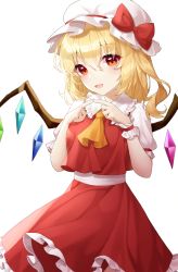 Rule 34 | 1girl, absurdres, ascot, bad id, bad pixiv id, blonde hair, bow, cowboy shot, crystal, fingers together, flandre scarlet, frilled skirt, frills, hair between eyes, hat, hat bow, highres, looking at viewer, medium hair, meoyo, mob cap, open mouth, orange eyes, red bow, red skirt, red vest, shirt, short sleeves, side ponytail, simple background, skirt, smile, solo, standing, touhou, vest, white background, white hat, white shirt, wings, wrist cuffs, yellow ascot