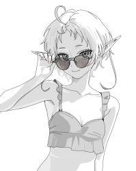 Rule 34 | 1girl, adjusting eyewear, ahoge, bikini, bikini top only, blush, breasts, chih1997a, cleavage, closed mouth, elf, frilled bikini, frills, greyscale, hand up, looking at viewer, monochrome, mushoku tensei, nail polish, pointy ears, short hair, short hair with long locks, small breasts, smile, solo, sunglasses, swimsuit, sylphiette (mushoku tensei), white background, white hair