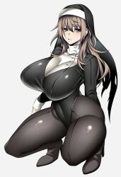 Rule 34 | 1girl, absurdres, black leotard, blue eyes, bodysuit, breasts, brown hair, cleric, commentary request, high heels, highres, huge breasts, hz (666v), impossible clothes, leotard, long hair, looking at viewer, navel, nun, original, pantyhose, simple background, skin tight, solo, squatting, thighs, white background, wrist cuffs
