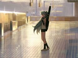 Rule 34 | 1girl, alternate costume, aqua hair, black socks, casual, hatsune miku, highres, instrument case, instrument on back, kgynh, long hair, looking at viewer, looking to the side, shirt, shorts, shoulder tattoo, sleeveless, sleeveless shirt, socks, solo, standing, tattoo, tile floor, tiles, twintails, vocaloid, white shirt