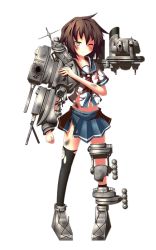 Rule 34 | 10s, 1girl, black thighhighs, blue skirt, brown hair, collarbone, damaged, full body, furutaka (kancolle), kantai collection, machinery, navel, official art, one eye closed, pleated skirt, school uniform, serafuku, short hair, short sleeves, single thighhigh, skirt, solo, thighhighs, torn clothes, transparent background, turret, ugume, yellow eyes