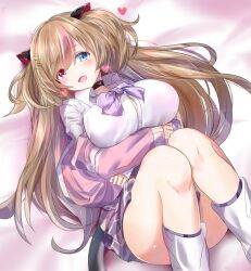 Rule 34 | 1girl, artist request, bed sheet, blush, bow, breasts, brown hair, crossed arms, earrings, fang, girls&#039; frontline, gradient background, hair ornament, heart, heart earrings, heterochromia, highres, jacket, jewelry, large breasts, leg warmers, long hair, looking at viewer, mk23 (girls&#039; frontline), mk23 (new term begins with a meow) (girls&#039; frontline), open mouth, ring, skirt, smile, source request, x hair ornament