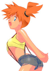 Rule 34 | 1girl, alternate color, arms behind back, ass, back, bad id, bare shoulders, blue eyes, blush, breasts, cleavage, cowboy shot, creatures (company), crop top, cropped legs, cutoffs, denim, denim shorts, from side, game freak, hair ornament, happy, hip focus, legs, looking at viewer, looking back, midriff, misty (pokemon), navel, nintendo, non-web source, open mouth, orange hair, pokemon, pokemon: the electric tale of pikachu, pokemon (anime), pokemon (classic anime), ponytail, profile, revealing clothes, shiny skin, shirt, short hair, short ponytail, short shorts, shorts, side ponytail, simple background, sleeveless, sleeveless shirt, smile, solo, suspenders, tank top, tight clothes, tomboy, underboob, white background, wide hips, wide ponytail, yellow shirt