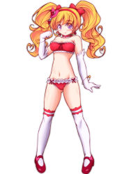 Rule 34 | 1girl, asahina mirai, blonde hair, bow, bra, cure miracle, cure miracle (ruby style), cure miracle ruby style, elbow gloves, frilled panties, frills, full body, gloves, hair bow, hat, kikuchi tsutomu, long hair, looking at viewer, magical girl, mahou girls precure!, mini hat, mini witch hat, panties, paw pose, pink hat, precure, purple eyes, red bow, red bra, red footwear, red panties, ruby style, shoes, smile, solo, standing, thighhighs, twintails, underwear, white background, white gloves, white thighhighs, witch hat