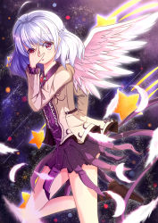 Rule 34 | 1girl, ahoge, angel wings, ass, aura, backlighting, boots, bow, braid, brown footwear, brown jacket, dress, feathers, french braid, hand over eye, hand over face, jacket, kai (lolicc), kishin sagume, leg up, legs, light particles, long sleeves, looking at viewer, looking to the side, motion lines, pink eyes, purple dress, shooting star, short dress, short hair, silver hair, single wing, solo, space, star (symbol), thighs, touhou, wings