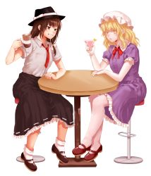 Rule 34 | 2girls, artist request, black footwear, black headwear, black skirt, blonde hair, blush, bow, breast pocket, brown eyes, brown footwear, brown hair, cup, dress, drinking glass, fedora, frilled shirt collar, frills, full body, grin, hand up, hat, hat bow, highres, holding, holding cup, long hair, looking at viewer, maribel hearn, mary janes, mob cap, multiple girls, neck ribbon, necktie, pantyhose, parted lips, petticoat, pocket, puffy short sleeves, puffy sleeves, purple dress, red ribbon, ribbon, shirt, shoes, short hair, short sleeves, sidelocks, sitting, skirt, smile, socks, table, touhou, transparent background, usami renko, white bow, white headwear, white legwear, white shirt, wine glass, wing collar, yellow eyes