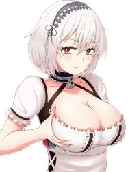 Rule 34 | 1girl, absurdres, anchor choker, azur lane, black choker, blush, breasts, choker, cleavage, collarbone, dress, frilled choker, frilled sleeves, frills, glaring, hair between eyes, hairband, hands on own breasts, highres, lace-trimmed hairband, lace trim, large breasts, looking at viewer, parted lips, physisyoon, puffy short sleeves, puffy sleeves, red eyes, short hair, short sleeves, simple background, sirius (azur lane), skindentation, solo, two-tone dress, upper body, white dress, white hair