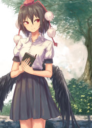 Rule 34 | 1girl, bird wings, black hair, black skirt, blurry, book, breasts, bush, cowboy shot, day, depth of field, feathered wings, hair between eyes, hat, head tilt, holding, holding book, looking to the side, notebook, outdoors, own hands together, pen, pleated skirt, pom pom (clothes), red eyes, roke (taikodon), shameimaru aya, shirt, short hair, short sleeves, sideways glance, skirt, small breasts, smile, solo, standing, stone wall, tokin hat, touhou, tree, wall, white shirt, wings
