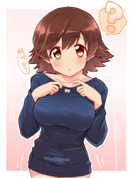Rule 34 | 1girl, :o, ?, black shirt, blush, breasts, brown hair, collarbone, gradient background, hands on own chest, highres, honda mio, idolmaster, idolmaster cinderella girls, large breasts, long sleeves, looking at viewer, no pants, shirt, solo, spoken question mark, tong (freedom2000), translation request