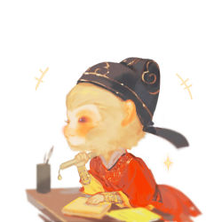 Rule 34 | 1boy, black hat, blush, book, chibi, chinese clothes, closed mouth, from side, furry, furry male, giggling, half-closed eyes, hand up, hat, holding, journey to the west, journey to the west (1986 tv series), layered clothes, leaning forward, long sleeves, looking away, mian lang, monkey boy, paintbrush, red robe, robe, simple background, smile, solo, sun wukong, table, white background