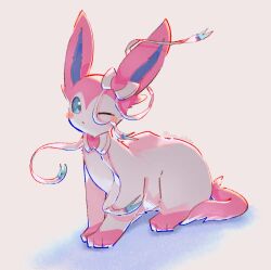 animal_focus blue_sclera bow closed_mouth colored_sclera creatures_(company) expressionless full_body game_freak gen_6_pokemon nintendo no_humans one_eye_closed pokemon pokemon_(creature) pokemon_focus ribbon sitting solo suna_k0nbu sylveon