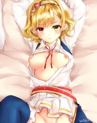 Rule 34 | 1girl, absurdres, arms up, asymmetrical bangs, bad id, bad pixiv id, bed sheet, belt, blonde hair, blue thighhighs, blunt bangs, blush, bottomless, breasts, breasts out, bridal garter, brooch, charlotte (shironeko project), closed mouth, dress, expressionless, eyebrows, gem, glint, green eyes, hairband, heterochromia, highres, jewelry, long sleeves, looking at viewer, lying, mukkuchujuuchu, nipples, on back, open clothes, open dress, out-of-frame censoring, pillow, pleated dress, pussy, pussy peek, red eyes, red gemstone, shironeko project, short hair, signature, small breasts, solo, tareme, thighhighs, white dress