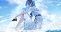 Rule 34 | aritsuno, barefoot, belt, blue belt, blue bow, blue eyes, blue hair, blue sky, bottle, bow, bracelet, cellphone, closed mouth, cloud, day, dress, earbuds, earphones, floating hair, from side, highres, holding, holding bottle, holding phone, hololive, hoshimachi suisei, hoshimachi suisei (school uniform), jewelry, knees up, long hair, looking ahead, outdoors, phone, profile, sailor collar, sitting, sky, smartphone, virtual youtuber, water, waves, white dress, wireless earphones