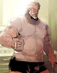 Rule 34 | 1boy, alternate costume, arm hair, bara, beard, belly, black male underwear, boxers, bulge, chest hair, covered erect nipples, cowboy shot, cup, facial hair, hair slicked back, hairy, holding, holding cup, karipaku, large pectorals, leg hair, looking at viewer, male focus, male underwear, mature male, medium hair, mug, muscular, muscular male, mustache, old, old man, overwatch, pectorals, reinhardt (overwatch), scar, scar across eye, shirt, solo, standing, stomach, sunlight, thick thighs, thighs, underwear, white hair, white shirt, wrinkled skin