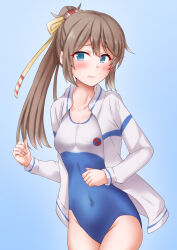 Rule 34 | 1girl, anti (untea9), blue background, brown hair, cowboy shot, gradient background, grey eyes, hair ribbon, high school fleet, highres, jacket, kantai collection, kazagumo (kancolle), long hair, looking at viewer, multicolored clothes, multicolored swimsuit, one-piece swimsuit, ponytail, ribbon, school swimsuit, solo, swimsuit, two-tone swimsuit, white jacket
