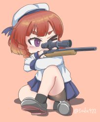 Rule 34 | 1girl, absurdres, anti-materiel rifle, artistic error, bike shorts, black legwear, blonde hair, blue sailor collar, blue skirt, bob cut, braid, commentary request, etorofu (kancolle), full body, gloves, gradient hair, gun, hat, highres, kantai collection, long sleeves, multicolored hair, one-hour drawing challenge, one eye closed, pink background, pleated skirt, purple eyes, red hair, rifle, sailor collar, sailor hat, sakusan (ss-awesome), school uniform, scope, serafuku, shorts, shorts under skirt, side braid, simple background, skirt, sniper rifle, solo, thick eyebrows, twin braids, twitter username, weapon, white gloves, white hat