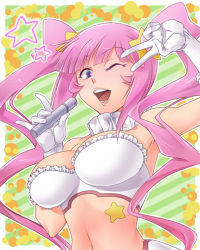 Rule 34 | 10s, 1girl, armpits, bare shoulders, blue eyes, breasts, choker, crop top, frills, gloves, gundam, gundam build fighters, hair ornament, kirara (gundam bf), large breasts, long hair, looking at viewer, mamoru (pixiv), microphone, midriff, mihoshi (gundam bf), navel, one eye closed, open mouth, pink hair, solo, star (symbol), twintails, v over eye, white gloves, wink