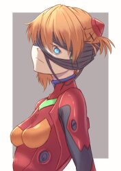 Rule 34 | 1girl, alternate hairstyle, blindfold, blindfold lift, bodysuit, breasts, brown hair, evangelion: 3.0+1.0 thrice upon a time, glowing, glowing eye, highres, ka ki o, looking at viewer, medium breasts, neon genesis evangelion, pilot suit, plugsuit, rebuild of evangelion, red bodysuit, serious, shiny clothes, simple background, small breasts, solo, souryuu asuka langley