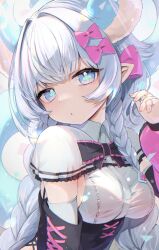 Rule 34 | 1girl, animal ears, black corset, blue eyes, bow, braid, breasts, commentary request, corset, detached sleeves, dot nose, flower-shaped pupils, grey hair, hair bow, highres, large breasts, looking at viewer, original, parted lips, pink bow, pointy ears, saebashi, shirt, solo, symbol-shaped pupils, tail, tight clothes, twin braids, upper body, white shirt