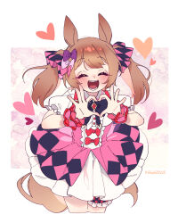 Rule 34 | 1girl, ^ ^, animal ears, blush, bow, bowtie, bridal garter, brown hair, center frills, closed eyes, cropped legs, facing viewer, frills, ggubii0225, hair bow, heart, heart hands, high-waist skirt, highres, horse ears, horse girl, horse tail, long hair, open mouth, petticoat, pink skirt, puffy short sleeves, puffy sleeves, shirt, short sleeves, skirt, smart falcon (umamusume), smile, solo, suspender skirt, suspenders, tail, twintails, twitter username, umamusume, white shirt, wrist cuffs
