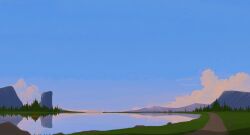 artist_name blue_sky cloud dirt_road evening grass highres iriza_katou lake mountain no_humans original outdoors reflection reflective_water road scenery sky water