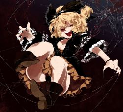 Rule 34 | 1girl, blonde hair, blood, boots, bow, bracelet, breasts, cleavage, dark background, dress, female focus, fingernails, frills, hair bow, iroyopon, jewelry, kurodani yamame, nail, nail polish, open mouth, red eyes, ribbon, short hair, silk, skirt, smile, solo, spider web, touhou, underwear