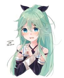 Rule 34 | 1girl, aqua hair, black ribbon, blue eyes, blush, dated, detached sleeves, hair between eyes, hair flaps, hair ornament, hair ribbon, hairclip, kantai collection, long hair, looking at viewer, neckerchief, one-hour drawing challenge, open mouth, ponytail, ribbon, school uniform, serafuku, simple background, solo, u yuz xx, white background, yamakaze (kancolle)