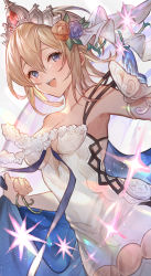 Rule 34 | 1girl, :d, absurdres, armlet, bare shoulders, blonde hair, blue flower, blue rose, blush, bracelet, breasts, bug, butterfly, cleavage, cowboy shot, crown, dress, dutch angle, europa (granblue fantasy), flower, granblue fantasy, hair flower, hair ornament, highres, holding, insect, jewelry, looking at viewer, medium breasts, off-shoulder dress, off shoulder, open mouth, orange flower, orange rose, photoshop (medium), purple eyes, rose, short hair, smile, solo, sparkle, suzu (suzuame329), white dress