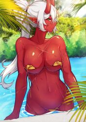 Rule 34 | 1girl, akumi (yoclesh), b4d, bikini, breasts, colored skin, commentary, english commentary, facial scar, highres, horns, large breasts, long hair, looking at viewer, navel, oni horns, parted lips, partially submerged, pointy ears, ponytail, pool, red horns, red skin, scar, scar on arm, scar on breasts, scar on cheek, scar on chest, scar on face, scar on shoulders, scar on stomach, solo, swimsuit, virtual youtuber, vyugen, wet, white hair, yellow bikini, yellow eyes, yoclesh