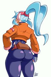 Rule 34 | 1girl, absurdres, ashe (mega man), ass, blue hair, bodysuit, breasts, capcom, crocodraws, fingerless gloves, from behind, gloves, headband, highres, huge ass, long hair, looking away, mega man (series), mega man zx, mega man zx advent, ponytail, shiny clothes, sideboob, skin tight, smile, solo, thick thighs, thighs