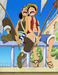 Rule 34 | 2boys, black hair, fishing, fishing rod, hat, male focus, monkey d. luffy, multiple boys, one piece, overalls, pirate, red vest, sandals, sash, ship, sleeping, straw hat, thousand sunny, usopp, vest, watercraft