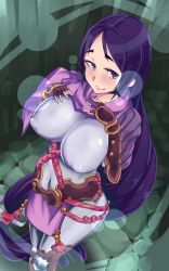 Rule 34 | 1girl, black gloves, bodysuit, breasts, covered erect nipples, covered navel, curvy, fate/grand order, fate (series), fingerless gloves, gloves, highres, large breasts, loincloth, long hair, looking at viewer, low-tied long hair, minamoto no raikou (fate), parted bangs, purple bodysuit, purple eyes, purple hair, ribbed sleeves, rope, solo, very long hair, zetsu (zyej5442)