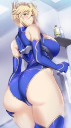 Rule 34 | 1girl, absurdres, artoria pendragon (fate), artoria pendragon (lancer) (fate), ass, back, blonde hair, blue gloves, blue leotard, blue thighhighs, blush, braid, braided bun, breasts, commentary request, crown, elbow gloves, fate/grand order, fate (series), french braid, gloves, green eyes, hair between eyes, hair bun, heattech leotard, highleg, highleg leotard, highres, huge breasts, kumakichi (cost-lost), leotard, long hair, looking at viewer, looking back, sidelocks, solo, thighhighs, thighs, turtleneck, wide hips
