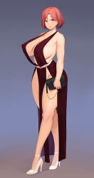 Rule 34 | 1girl, absurdres, bag, bare shoulders, breasts, brown eyes, cleavage, closed mouth, covered erect nipples, curvy, dress, earrings, evening gown, fortune (last origin), full body, gradient background, halter dress, halterneck, handbag, high heels, highres, huge breasts, impossible clothes, jewelry, last origin, moebell, no panties, pelvic curtain, red hair, revealing clothes, short hair, side slit, smile, standing, thick thighs, thighs, white footwear