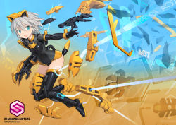 Rule 34 | 1girl, artist request, blue eyes, boots, cable, copyright name, doll joints, floating hair, grey hair, hair between eyes, highres, joints, logo, mecha musume, mechanical parts, model kit, official art, open hand, open hands, promotional art, richetta (30ms), science fiction, short hair, solo, thigh boots, thighhighs, thirty minutes sisters