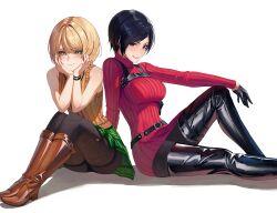 Rule 34 | 2girls, ada wong, ashley graham, belt, black belt, black bracelet, black eyes, black footwear, black gloves, black hair, blonde hair, blush, bob cut, boots, breasts, brown footwear, chest harness, dress, gloves, green eyes, green skirt, hands on own cheeks, hands on own face, harness, highres, holster, large breasts, multiple girls, pantyhose, rasipan, red dress, resident evil, resident evil 4, ribbed sweater, shadow, short hair, sitting, skirt, sleeveless, sleeveless sweater, small breasts, sweater, sweater dress, thigh boots, turtleneck, turtleneck sweater, yellow sweater