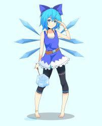 Rule 34 | 1girl, barefoot, belt, blue dress, blue eyes, blue hair, bow, cirno, dress, full body, hair bow, haseneko, ice, ice wings, leggings, looking at viewer, matching hair/eyes, salute, short hair, simple background, smile, solo, standing, touhou, wings