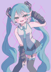Rule 34 | 1girl, :d, absurdres, aqua eyes, aqua hair, aqua nails, aqua necktie, aqua skirt, argyle, argyle background, argyle clothes, arm tattoo, arm up, arm warmers, bare shoulders, black arm warmers, black skirt, black thighhighs, blush, breasts, collared shirt, feet out of frame, garter straps, hair between eyes, hair ornament, hakudaku, half-closed eyes, hatsune miku, highres, kneehighs, knees together feet apart, long hair, looking at viewer, medium breasts, multicolored eyes, necktie, number tattoo, open mouth, pink eyes, pleated skirt, purple background, shirt, sidelocks, simple background, skirt, sleeveless, sleeveless shirt, smile, socks, solo, sparkle, sparkling eyes, standing, tattoo, thighhighs, twintails, two-tone skirt, v over eye, very long hair, vocaloid, white shirt, wing collar