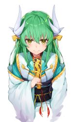 Rule 34 | 1girl, black cola, detached sleeves, hand fan, fate/grand order, fate (series), green eyes, green hair, highres, holding, holding fan, horns, japanese clothes, kimono, kiyohime (fate), long hair, long sleeves, looking at viewer, simple background, solo, white background