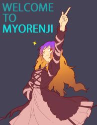 Rule 34 | 1girl, :3, aharan, breasts, brown hair, dress, gradient hair, hijiri byakuren, kamina pose, layered dress, long hair, long sleeves, looking at viewer, multicolored hair, one eye closed, outstretched arm, pointing, pointing up, puffy sleeves, purple hair, red eyes, saturday night fever, simple background, smile, solo, text focus, touhou, wink